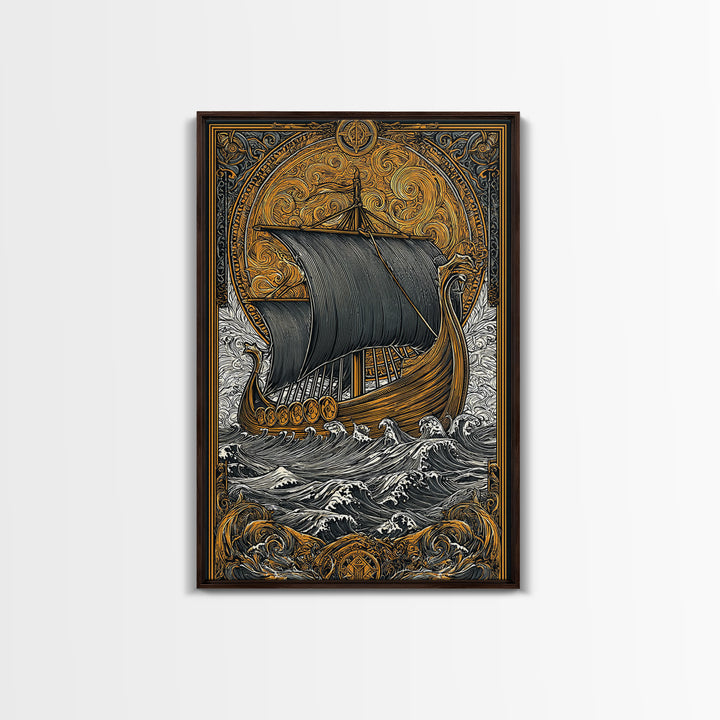Nordic Warrior Helmet Canvas Gold Art, Viking Style Canvas Art Wall Decor, striking man cave gift framed with natural wood detail