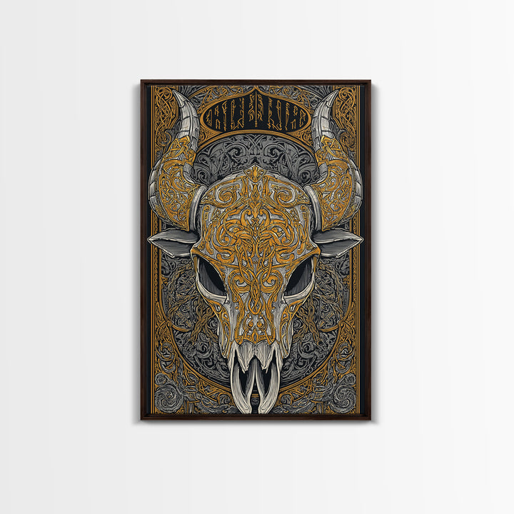 Rune Stone Canvas Gold Art, Ancient Viking Mythology Canvas Art Perfect for Office or Dad Gift, framed with handcrafted wood