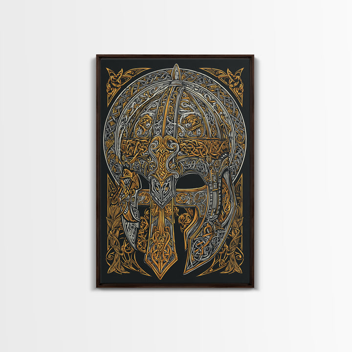 Viking Funeral Ship Canvas Gold Art, Norse Mythology Canvas Art Wall Decor for Man Cave or Office, framed in natural wood