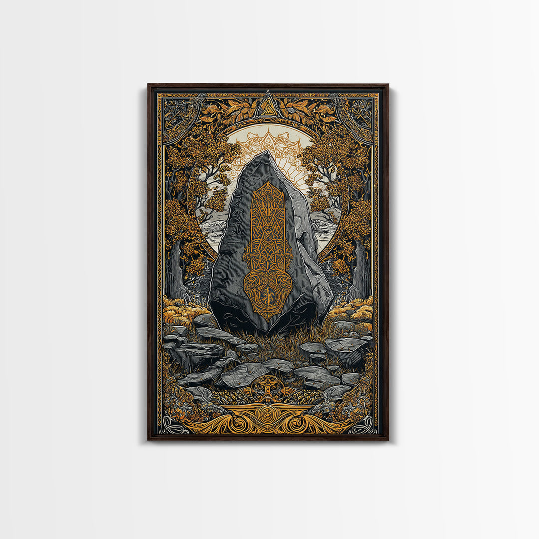 Viking Ship Wall Decor Canvas Gold Art Canvas Art Nordic Longship Ocean Waves Office Art Man Cave Framed in Natural Wood