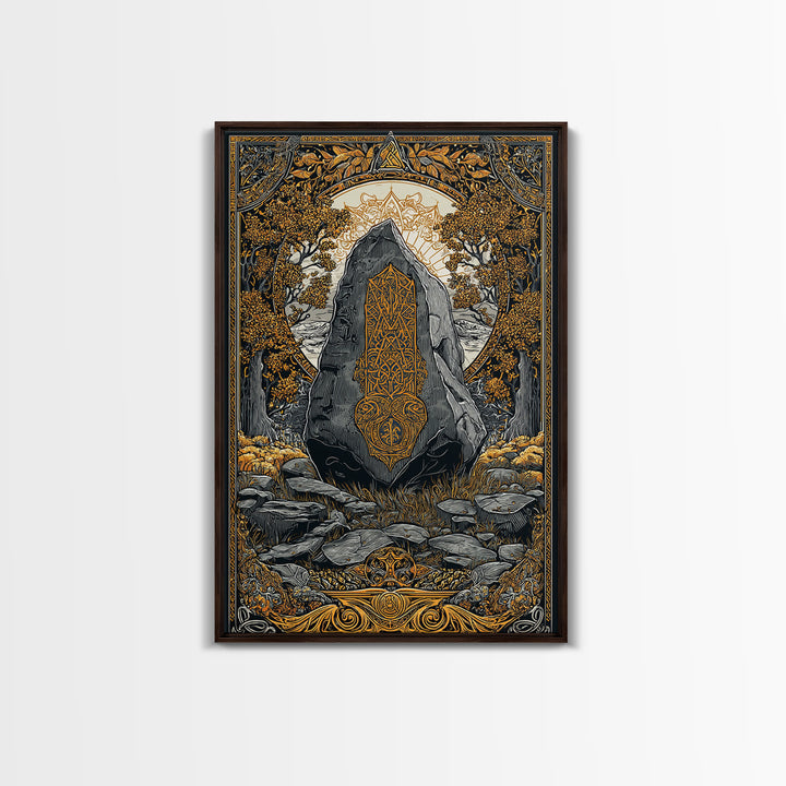 Viking Ship Wall Decor Canvas Gold Art Canvas Art Nordic Longship Ocean Waves Office Art Man Cave Framed in Natural Wood