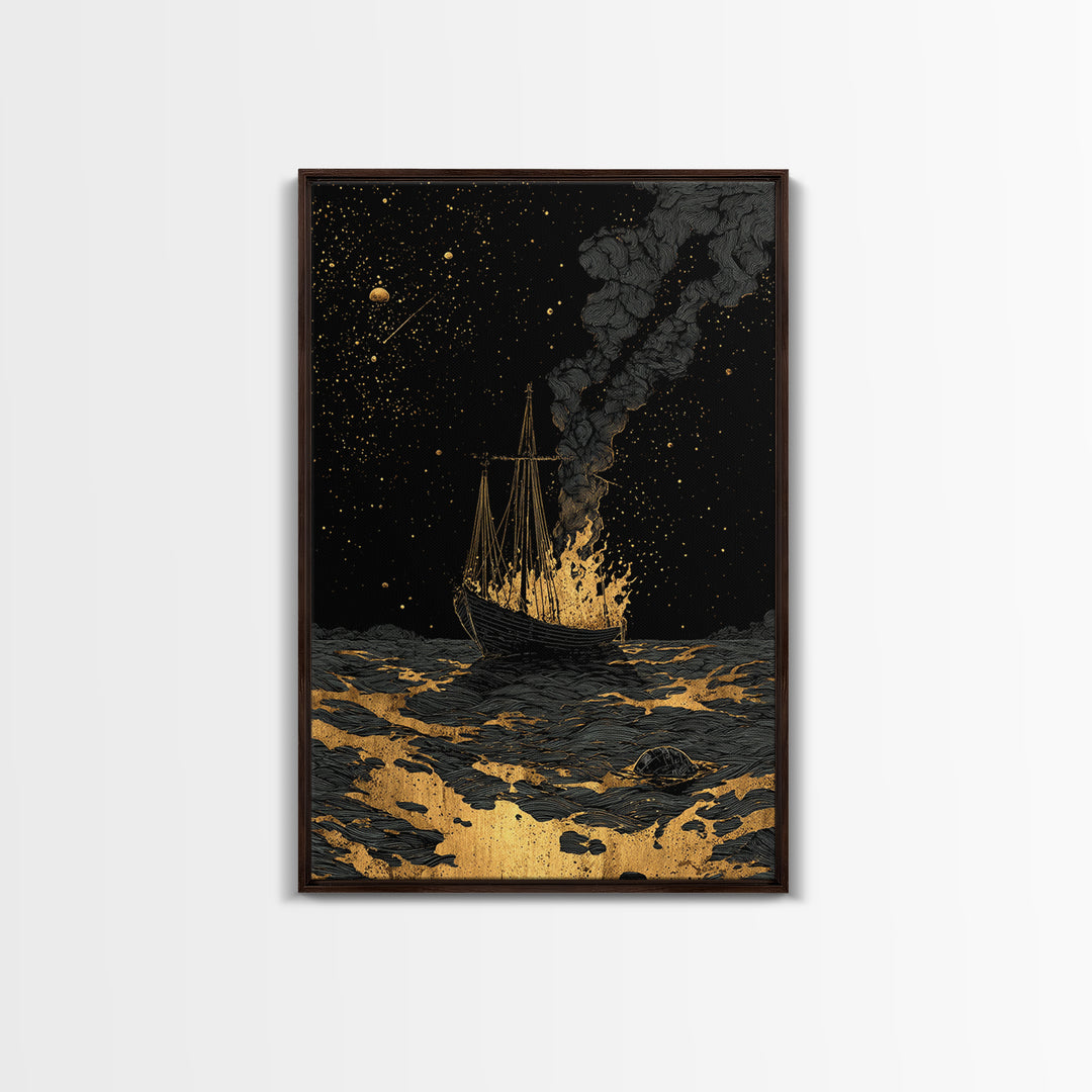 Canvas Gold Art Canvas Art Viking Ship with Dragon Sail Nordic Mythology Decor Man Cave Wall Art Dad Gift with Real Wood Frame