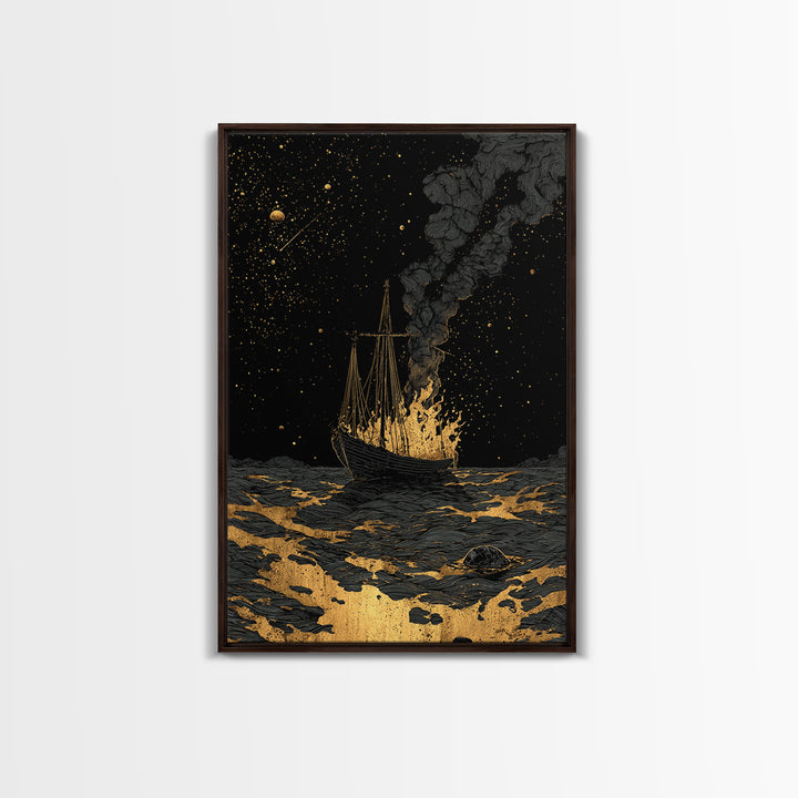 Canvas Gold Art Canvas Art Viking Ship with Dragon Sail Nordic Mythology Decor Man Cave Wall Art Dad Gift with Real Wood Frame