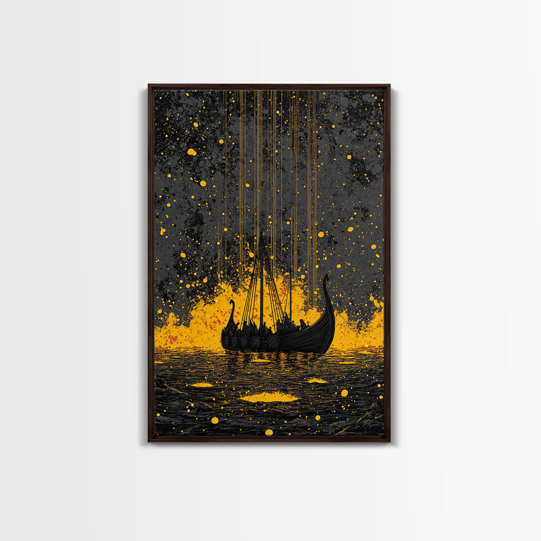 Nordic Longship Ocean Voyage Canvas Gold Art Canvas Art Viking Decor for Men’s Office or Den Framed in Solid Wood Handmade