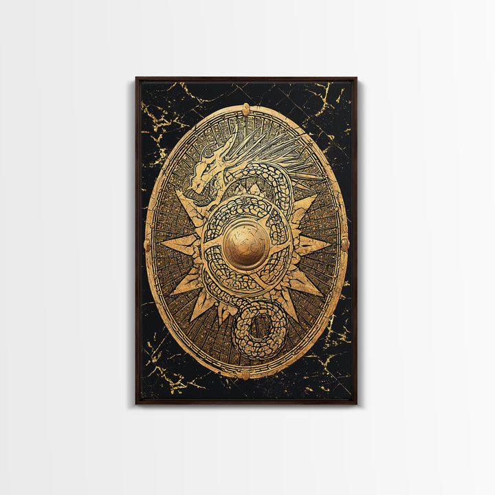 Norse Dragon Shield Canvas Gold Art, Viking Inspired Canvas Art for Men’s Office or Dad Gift, crafted with real wood frame
