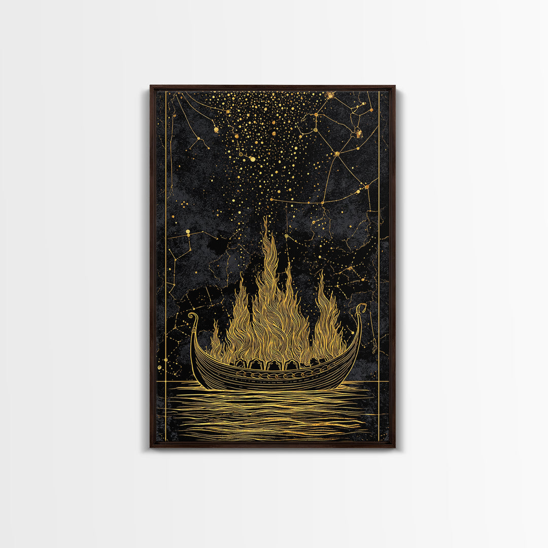 Burning Viking Funeral Ship Canvas Gold Art Canvas Art Norse Mythology Wall Art Nordic Decor Man Cave Piece with Real Wood Frame