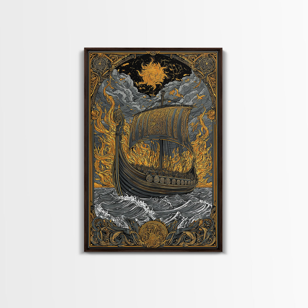 Canvas Art Canvas Gold Art Viking Ship in Flames Norse Funeral Pyre Nordic Mythology Decor Office or Man Cave Framed in Real Wood