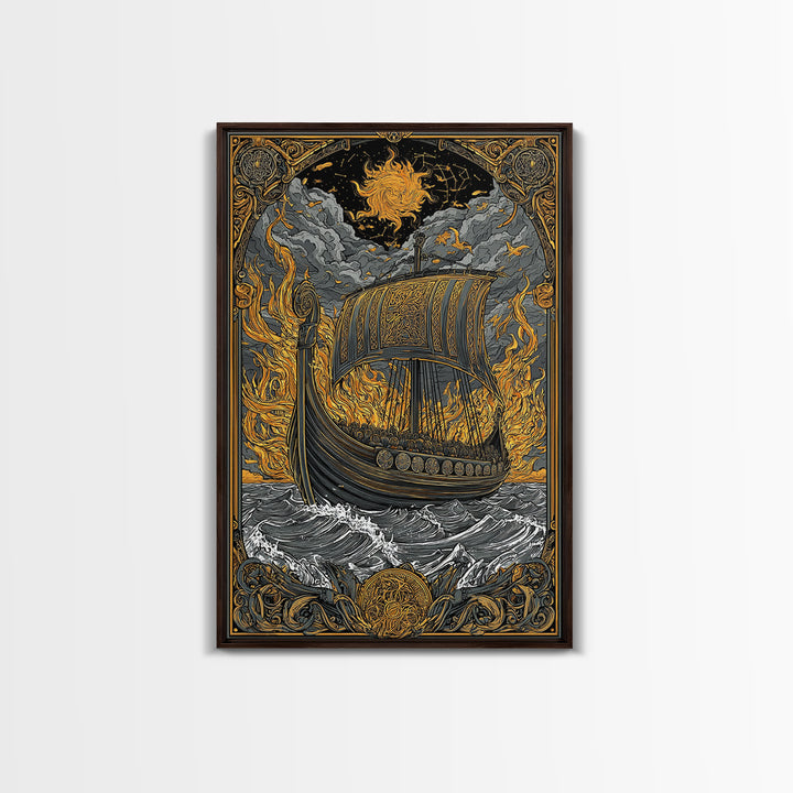 Canvas Art Canvas Gold Art Viking Ship in Flames Norse Funeral Pyre Nordic Mythology Decor Office or Man Cave Framed in Real Wood