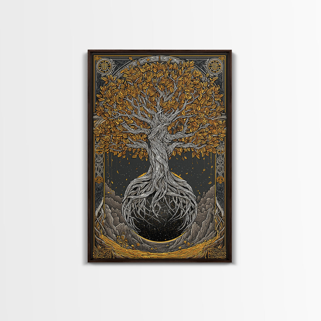 Canvas Gold Art Canvas Art Nordic World Tree Yggdrasil Norse Mythology Decor Viking Wall Art Man Cave Office Art with Real Wood Frame