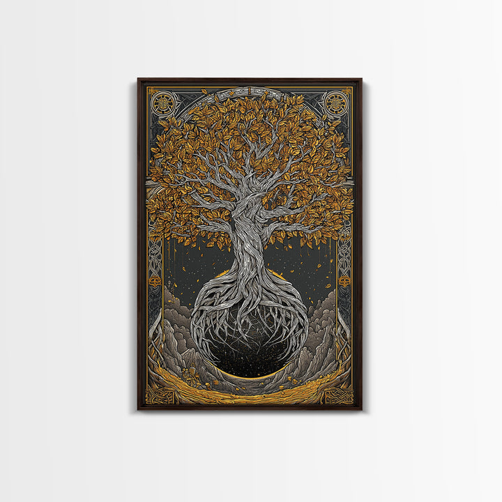 Canvas Gold Art Canvas Art Nordic World Tree Yggdrasil Norse Mythology Decor Viking Wall Art Man Cave Office Art with Real Wood Frame
