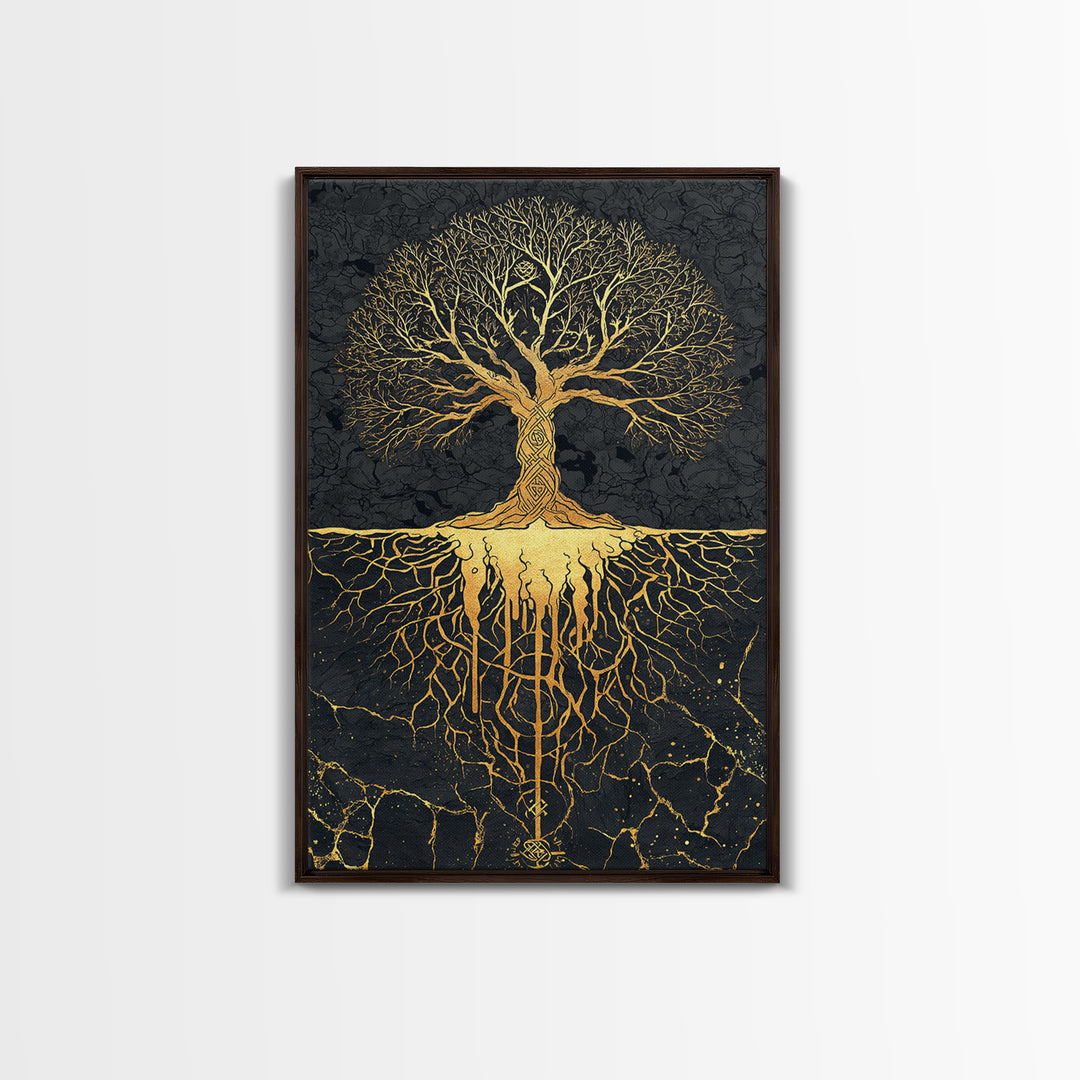 Norse Mythology Yggdrasil Tree Canvas Gold Art Canvas Art Viking Decor Wall Art Nordic Symbolism Dad Gift Framed in Solid Wood