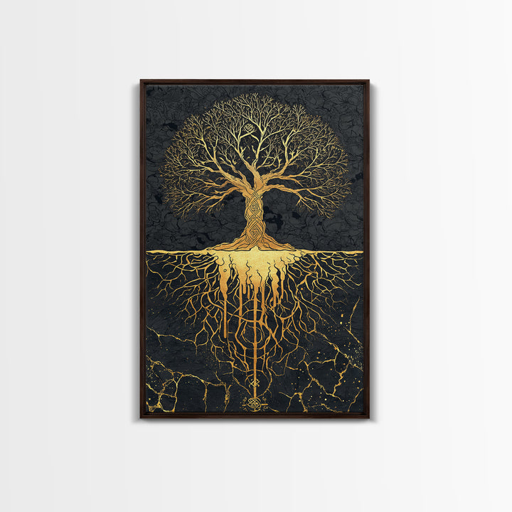 Norse Mythology Yggdrasil Tree Canvas Gold Art Canvas Art Viking Decor Wall Art Nordic Symbolism Dad Gift Framed in Solid Wood