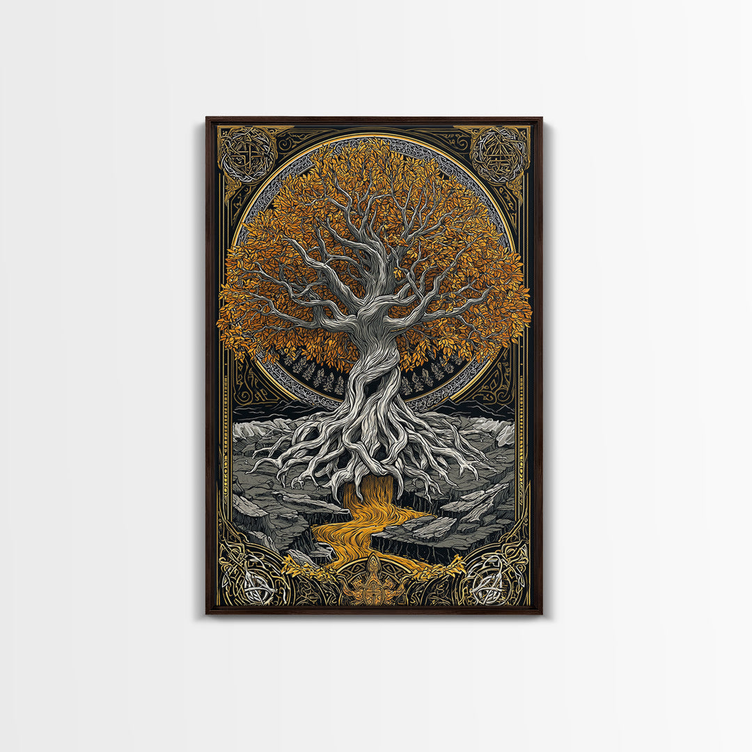 Nordic Yggdrasil Wall Decor Canvas Gold Art Canvas Art Norse Mythology Tree of Life Viking Style Office Art Framed in Real Wood