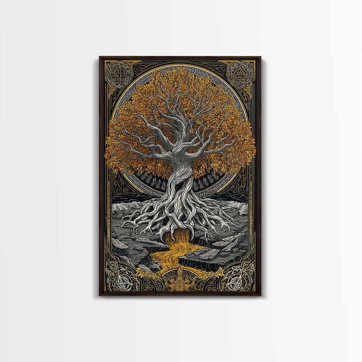 Nordic Yggdrasil Wall Decor Canvas Gold Art Canvas Art Norse Mythology Tree of Life Viking Style Office Art Framed in Real Wood
