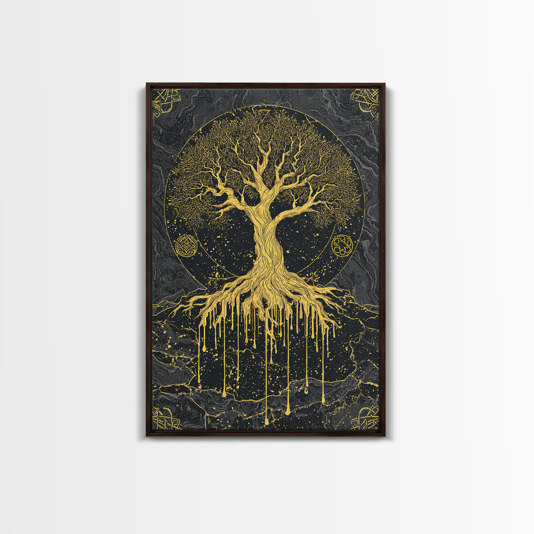 Yggdrasil Canvas Gold Art Canvas Art | Norse World Tree Design Framed in Natural Wood | Nordic Mythology Office & Man Cave Decor