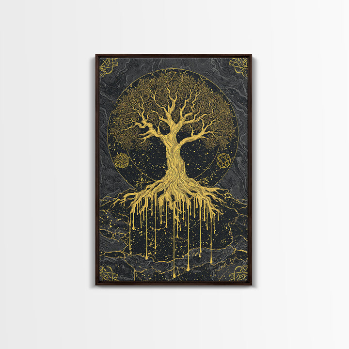 Yggdrasil Canvas Gold Art Canvas Art | Norse World Tree Design Framed in Natural Wood | Nordic Mythology Office & Man Cave Decor