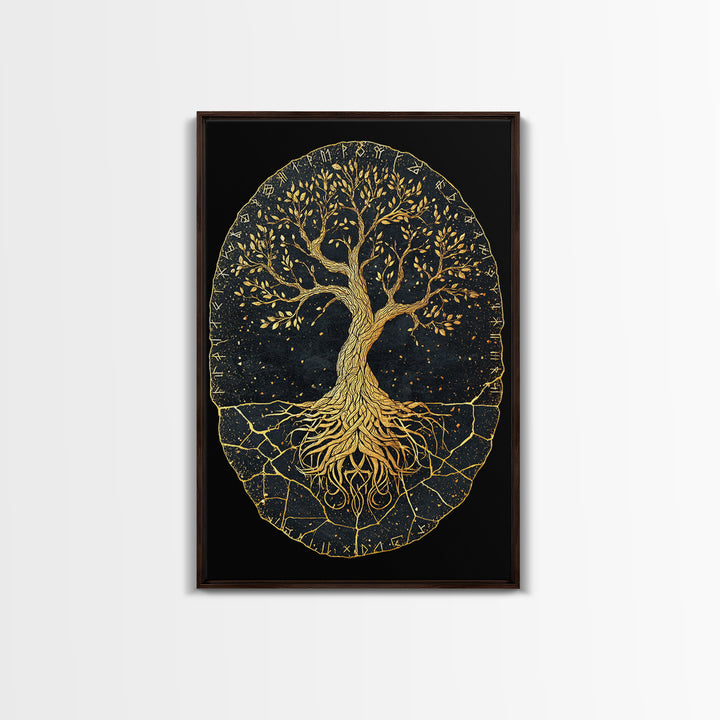 Yggdrasil Norse World Tree Canvas Gold Art Canvas Art Viking Mythology Wall Art Nordic Decor Dad Gift Framed with Natural Wood
