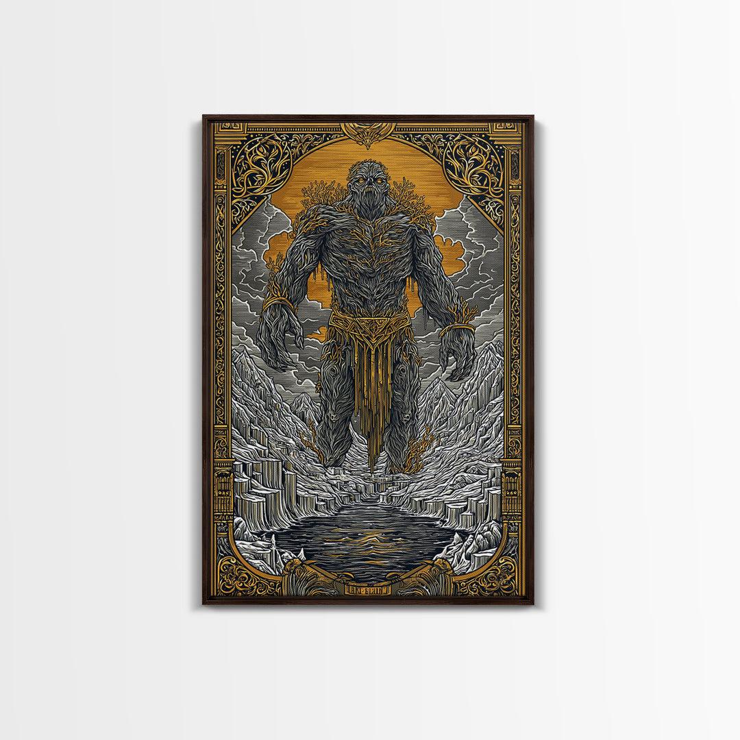 Canvas Gold Art Canvas Art of Ymir | Norse Mythology Wall Art with Natural Wood Frame | Viking Decor for Office, Study, or Man Cave