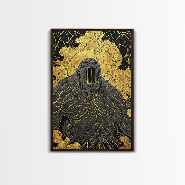 Nordic Ymir Mythology Canvas Gold Art Canvas Art | Giant Norse Wall Decor in Real Wood Frame | Man Cave, Office & Dad Gift Art