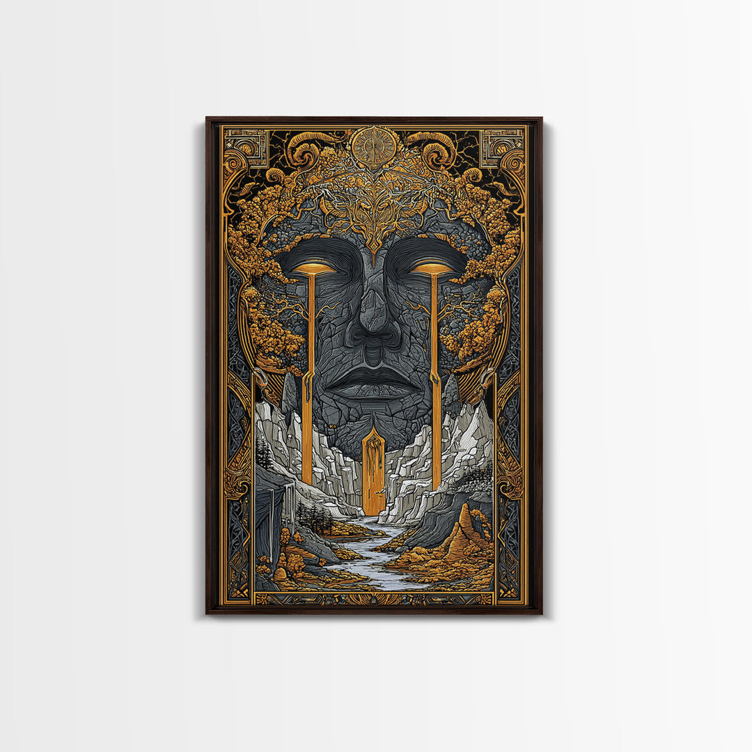 Nordic Mythology Canvas Gold Art Canvas Art | Yggdrasil Tree of Life Wall Art with Real Wood Frame | Viking Office & Dad Gift