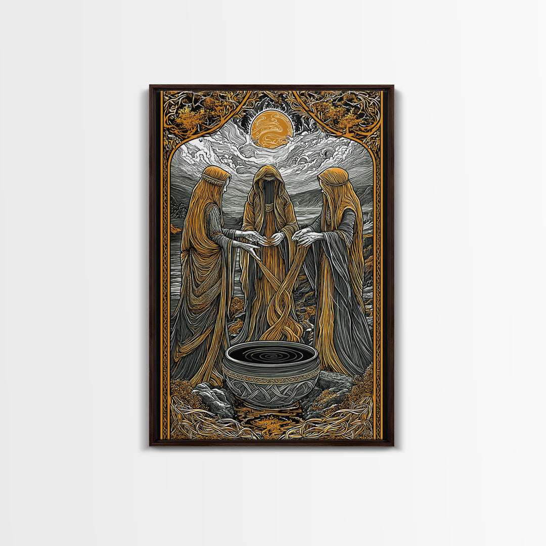 Norns Weaving Fate Canvas Gold Art, Norse Mythology Canvas Art of Urd, Verdandi, Skuld, Viking Wall Art framed in real wood