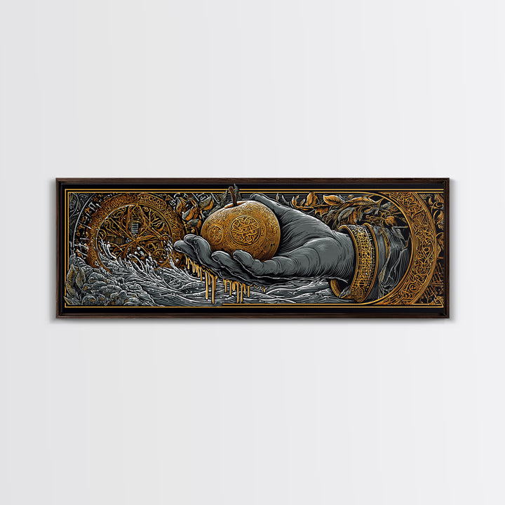 Golden Apple of Idunn Canvas Gold Art, Norse Mythology Canvas Art for Office or Man Cave, framed in natural wood, Viking Dad Gift