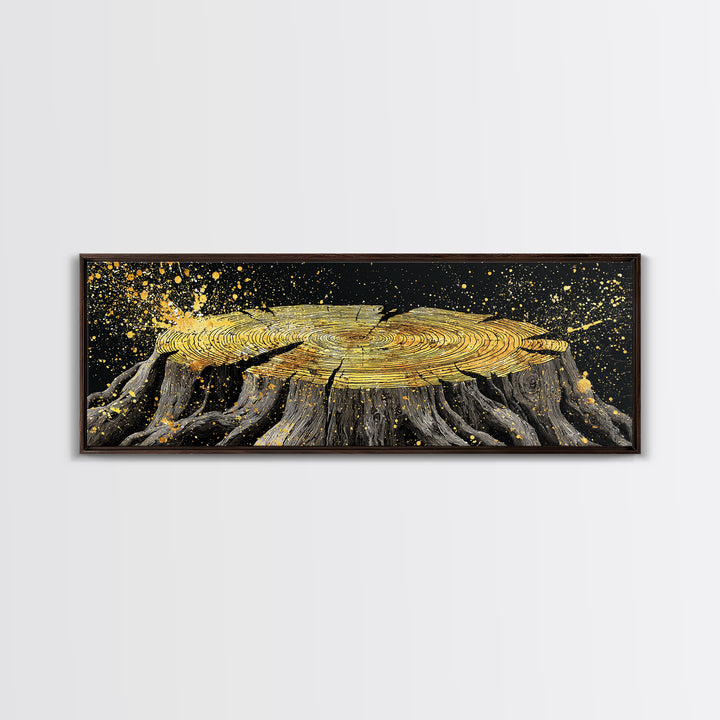 Viking Tree Stump Canvas Gold Art Nordic Mythology Canvas Art for Office or Man Cave, Norse Decor framed in real wood