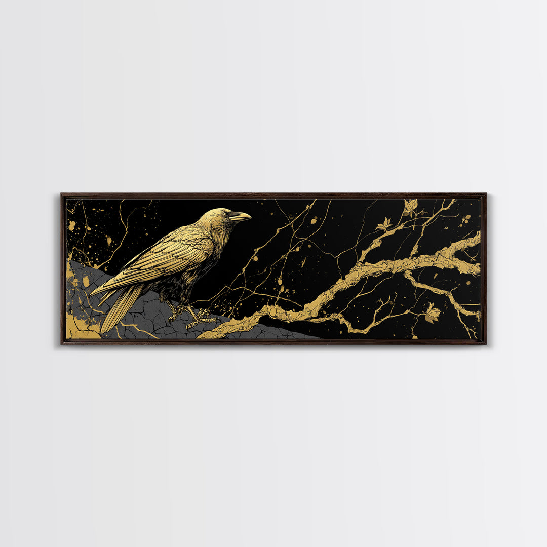 Odin’s Raven Canvas Gold Art Norse Mythology Canvas Art Viking Wall Decor with natural wood frame, Man Cave or Office Gift