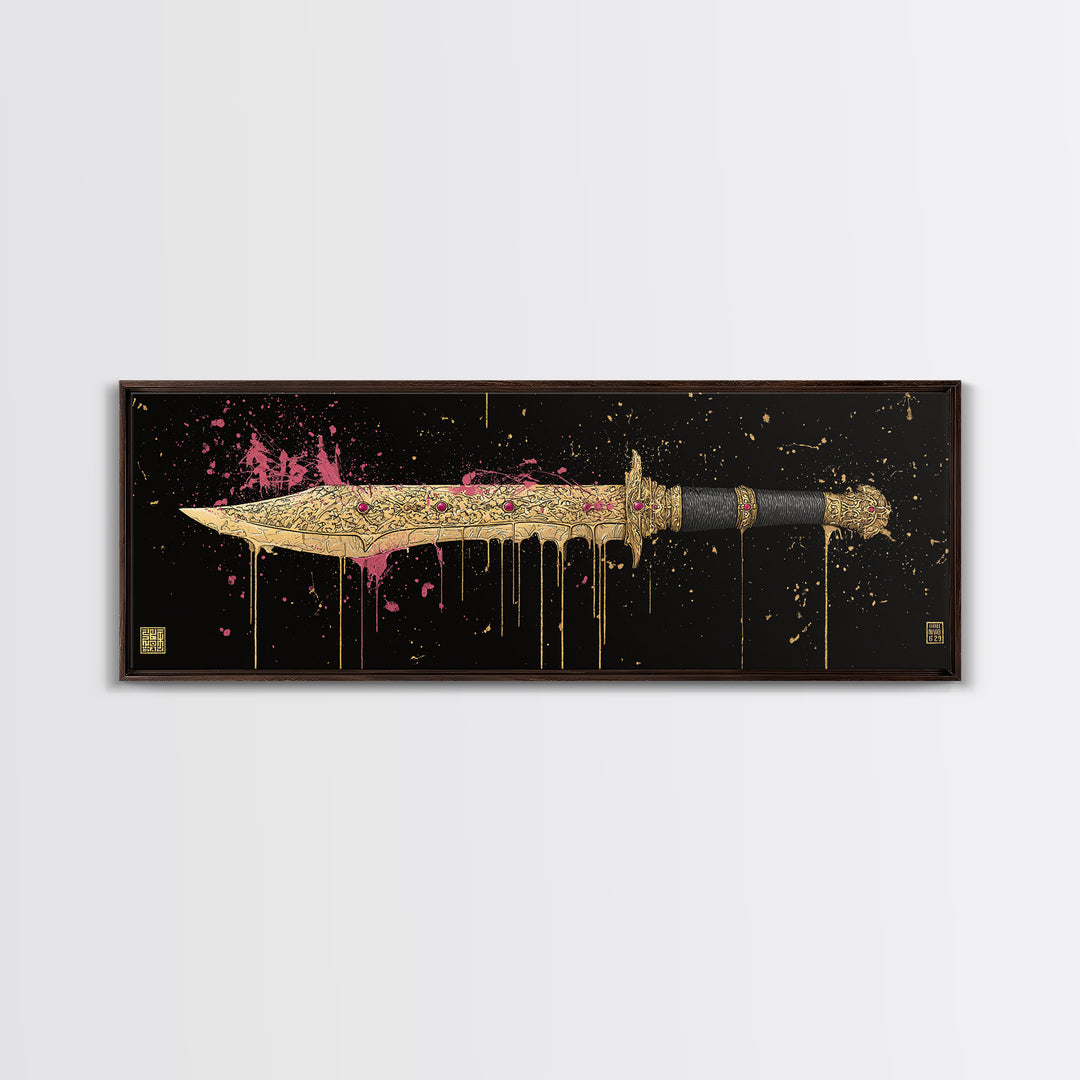 Runed Blade Canvas Gold Art Norse Mythology Canvas Art Nordic Weapon Decor with natural wood frame, Man Cave or Dad Gift
