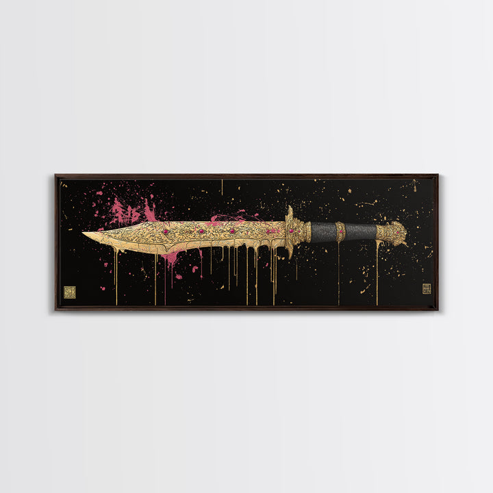 Runed Blade Canvas Gold Art Norse Mythology Canvas Art Nordic Weapon Decor with natural wood frame, Man Cave or Dad Gift