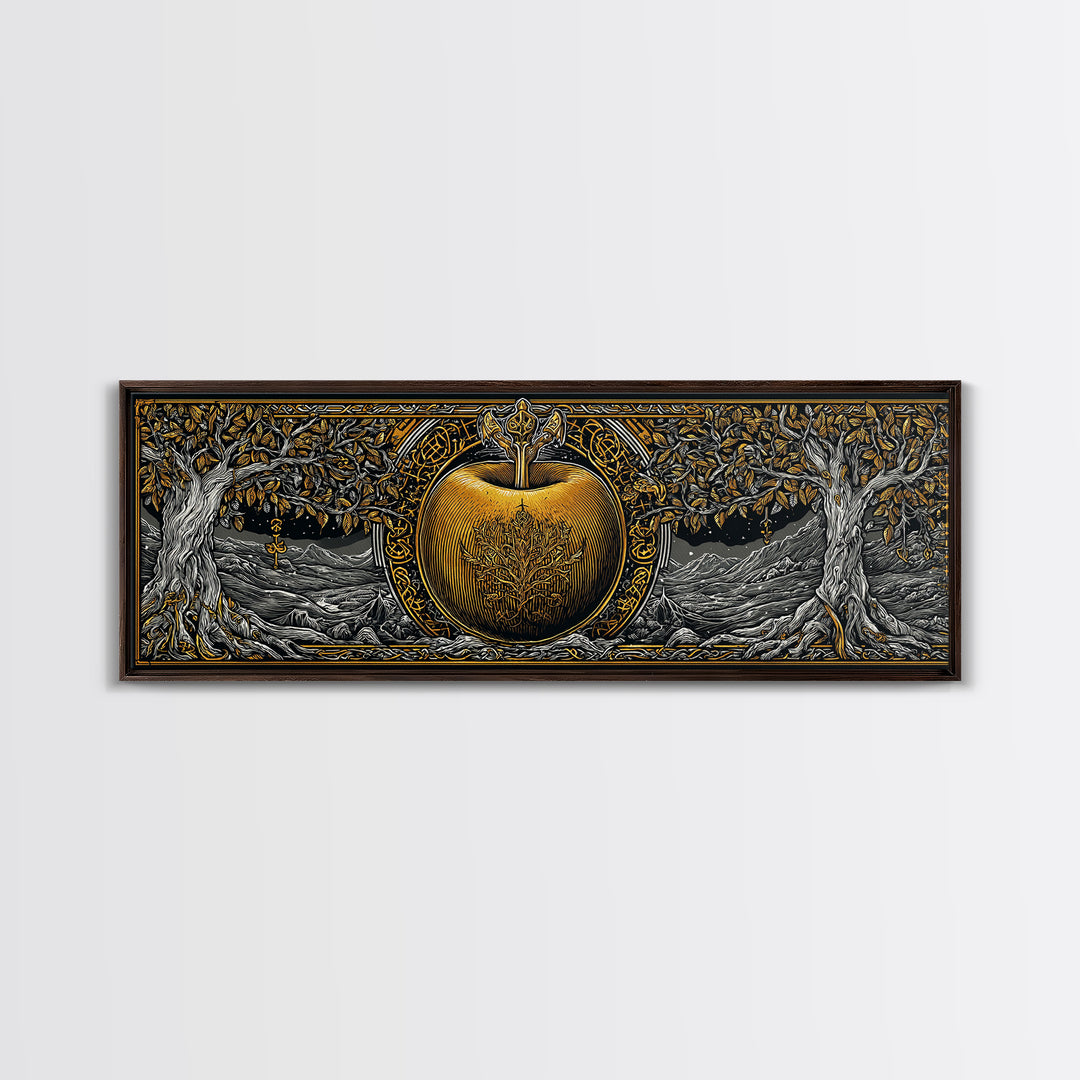 Norse Garden of Idunn Canvas Gold Art Viking Mythology Canvas Art Nordic Apple Decor with real wood frame, Man Cave Wall Art