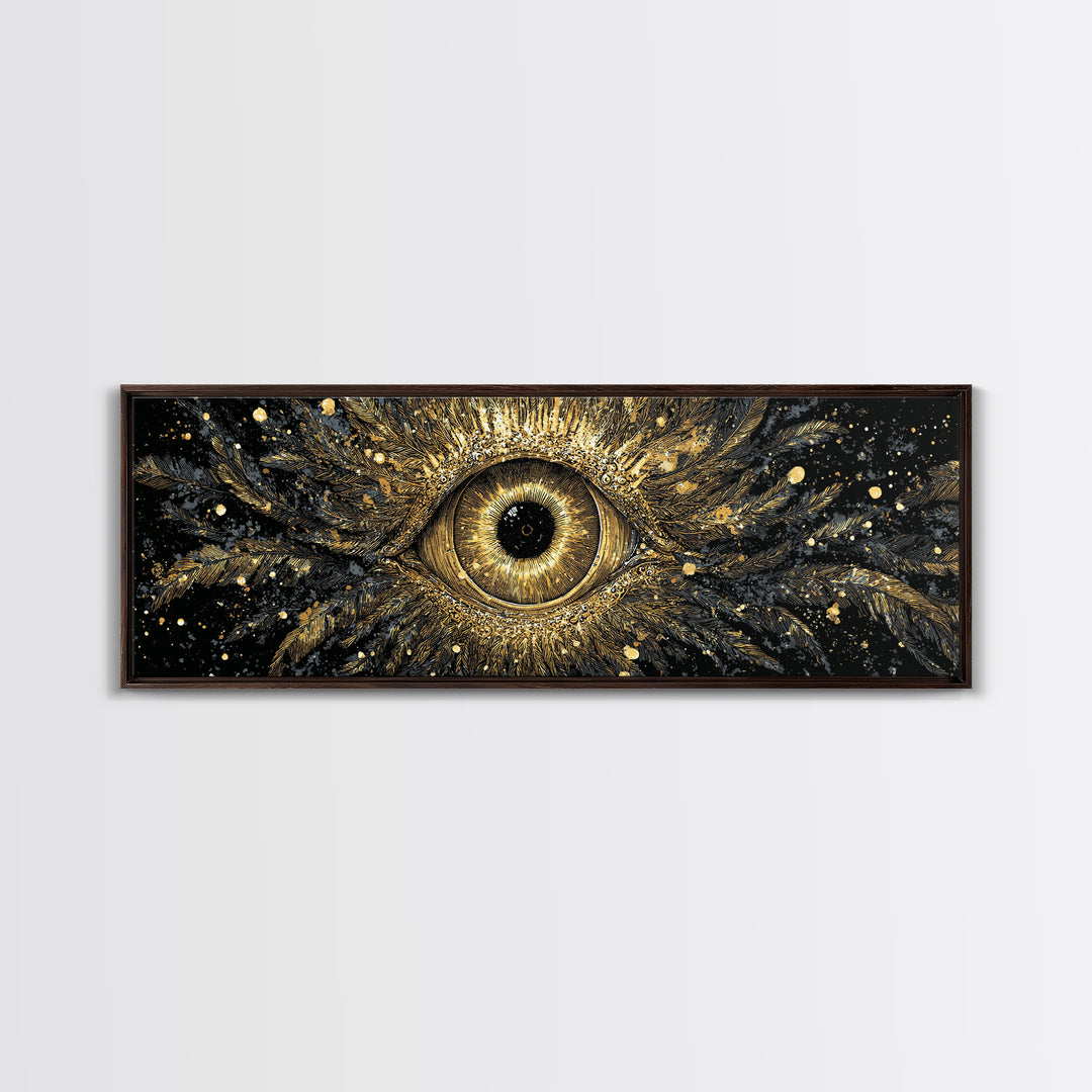 Odin’s All-Seeing Eye Canvas Gold Art Nordic Wall Decor Canvas Art for Office or Man Cave, framed in natural wood