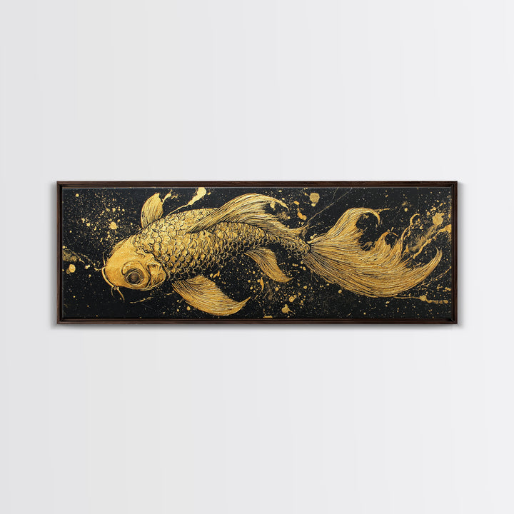 Koi Fish Canvas Gold Art Japanese Nordic Fusion Wall Art Canvas Art with real wood frame, great Viking Dad Gift or Office