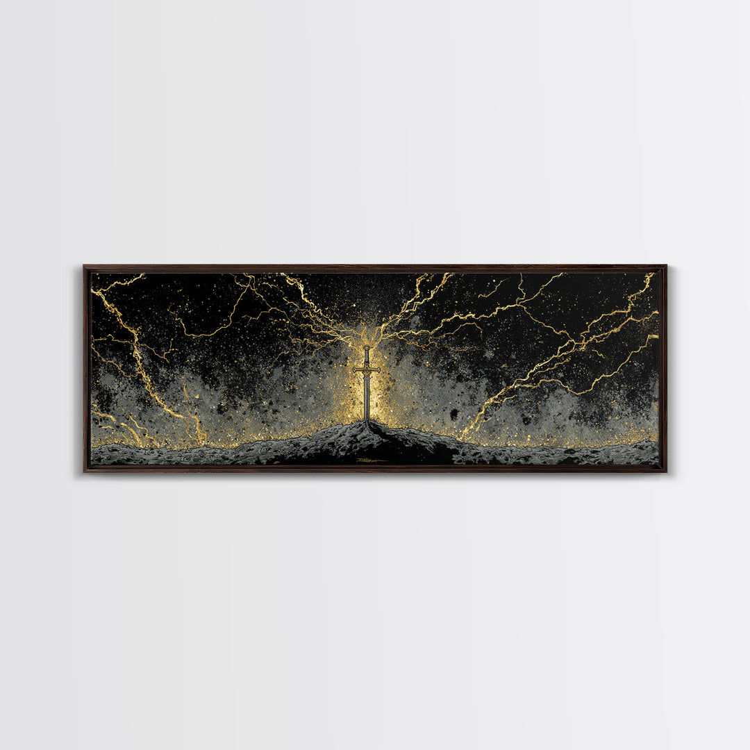 Legendary Sword Canvas Gold Art Norse Mythology Canvas Art Wall Decor for Men, Office or Man Cave framed in real wood