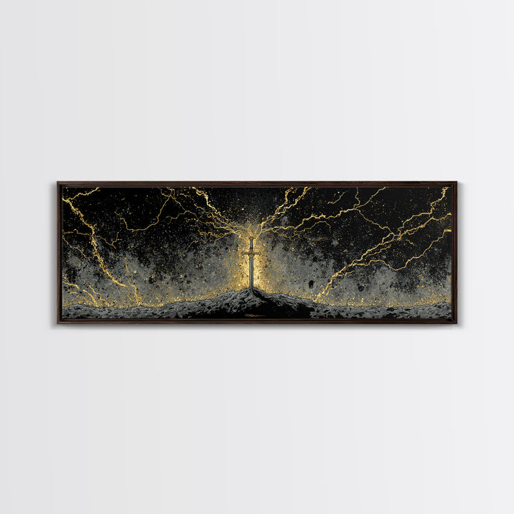 Legendary Sword Canvas Gold Art Norse Mythology Canvas Art Wall Decor for Men, Office or Man Cave framed in real wood