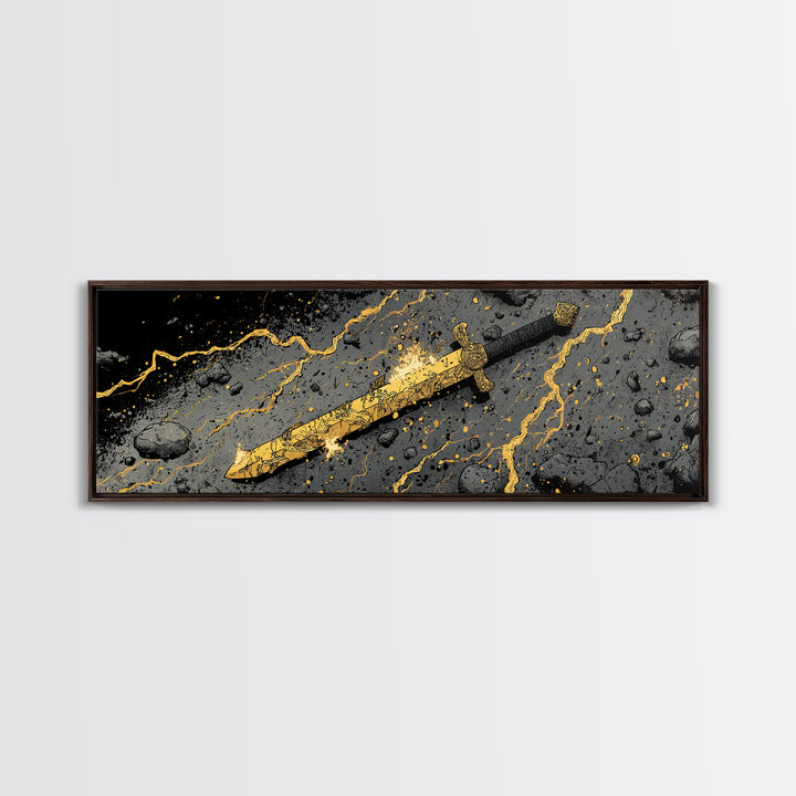 Ancient Norse Blade Canvas Gold Art Canvas Art Viking Decor with natural wood framing, Office Wall Art or Man Cave Gift