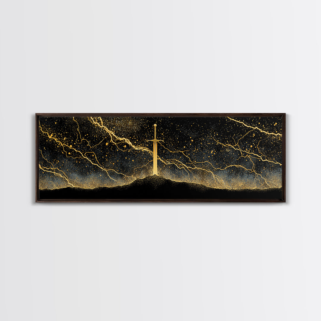 Mythic Sword of the Gods Canvas Gold Art Nordic Wall Decor Canvas Art framed in real wood, perfect Man Cave or Dad Gift
