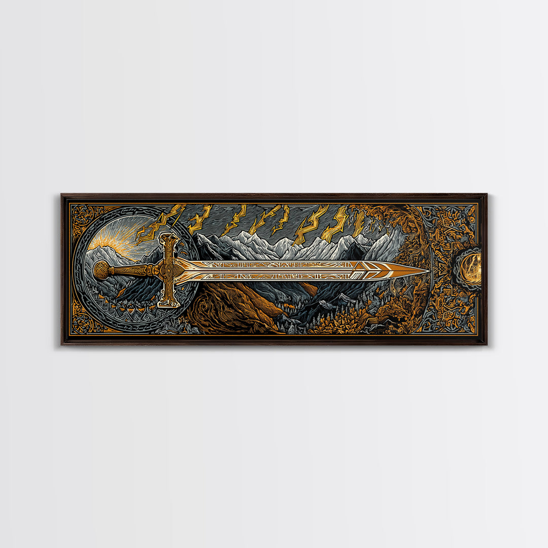 Norse Ornate Sword Canvas Gold Art Canvas Art Viking Mythology Wall Decor with real wood frame, Office Art for Men