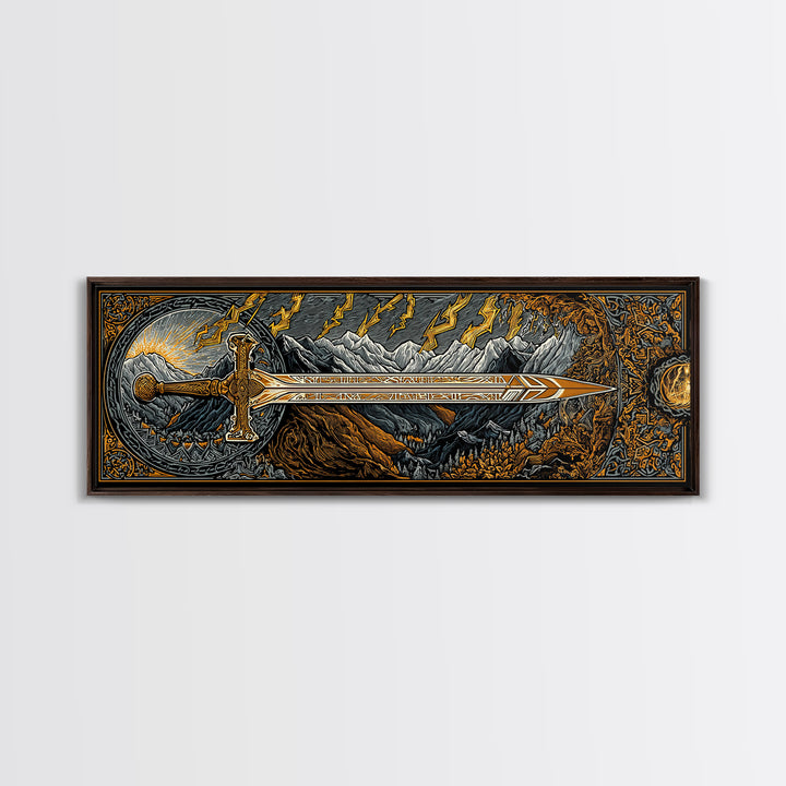 Norse Ornate Sword Canvas Gold Art Canvas Art Viking Mythology Wall Decor with real wood frame, Office Art for Men