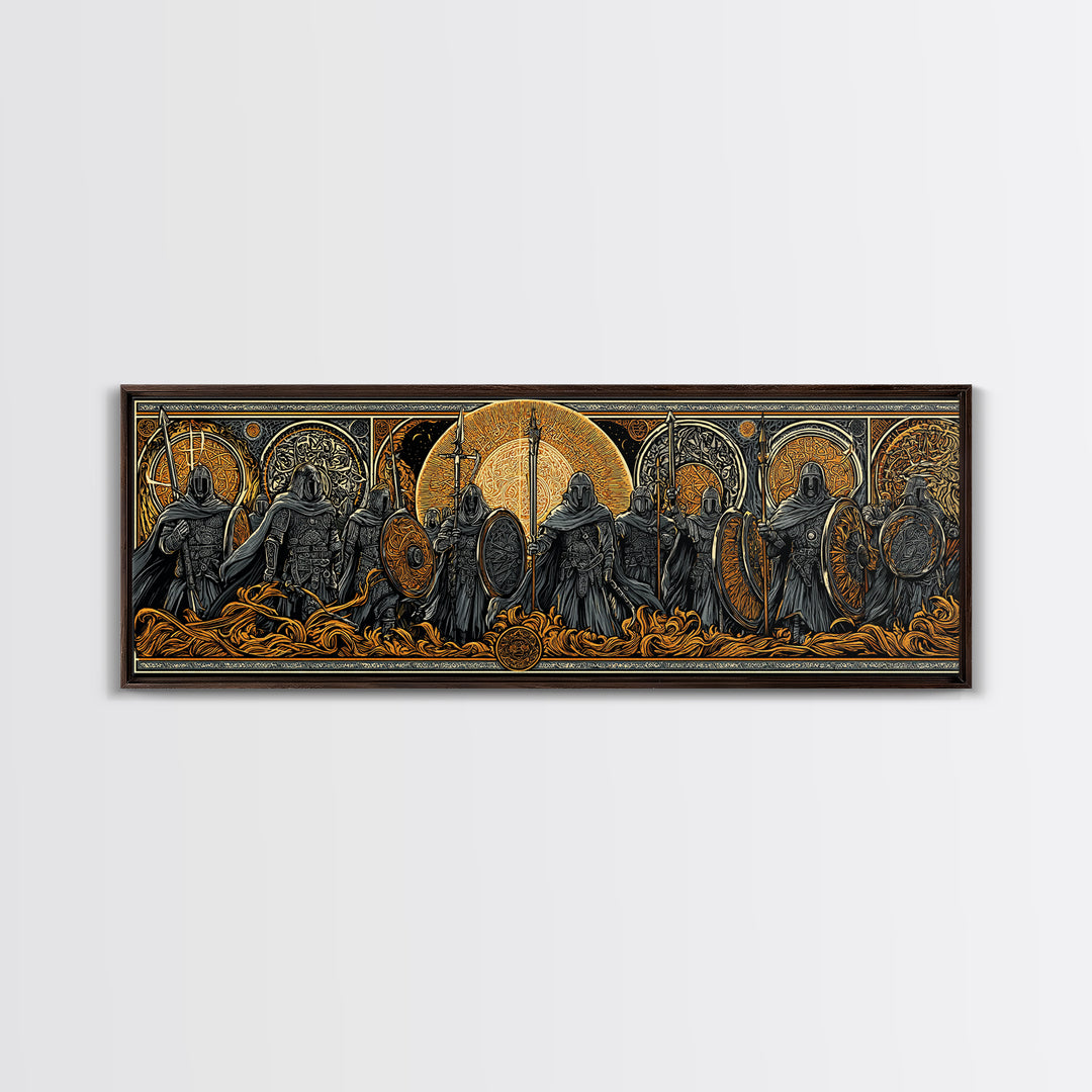 Einherjar Warriors Canvas Gold Art Norse Mythology Canvas Art with wood framing, Viking Man Cave Wall Art for Dad Gift