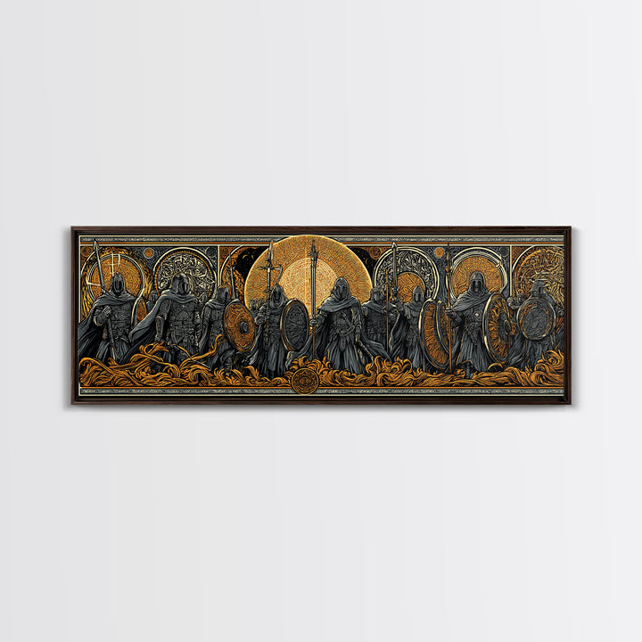 Einherjar Warriors Canvas Gold Art Norse Mythology Canvas Art with wood framing, Viking Man Cave Wall Art for Dad Gift