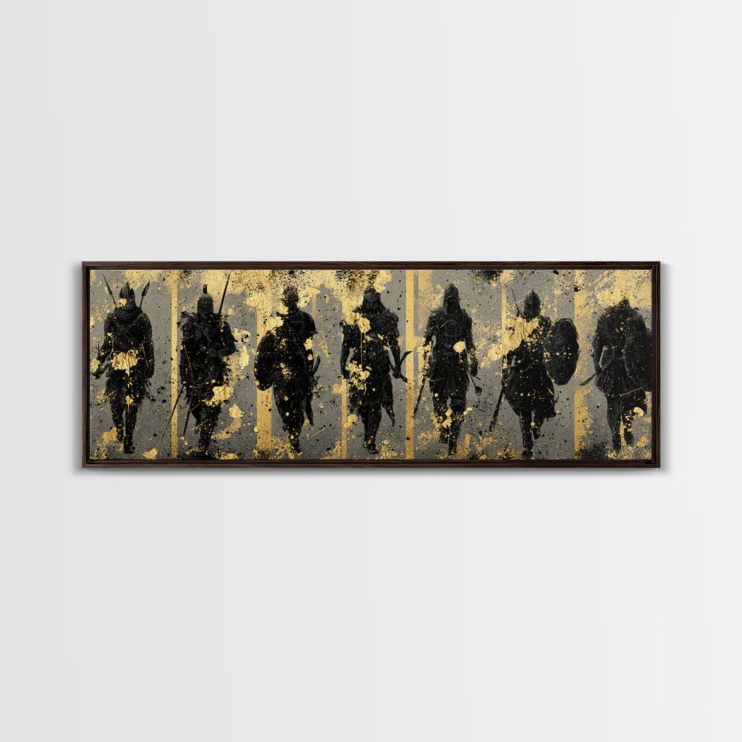 Viking Warriors Canvas Gold Art Norse Canvas Art Wall Decor framed in natural wood, perfect Office Art or Man Cave Decor