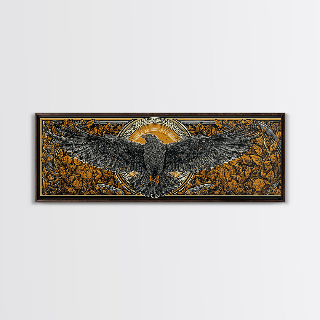 Odin’s Eagle Canvas Gold Art, Norse Mythology Canvas Art framed in real wood, Nordic Office Wall Decor, Viking Man Cave Gift