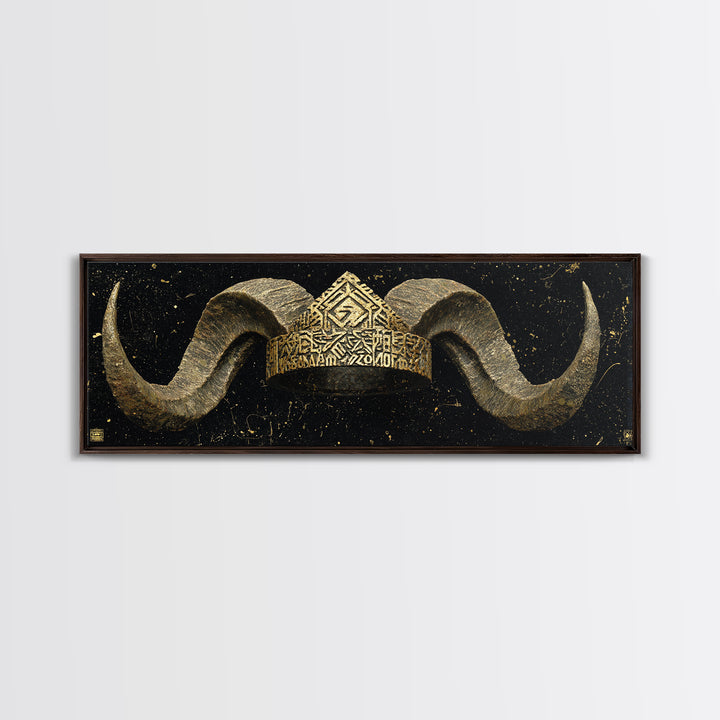 Nordic Horned Crown Canvas Gold Art, Viking Inspired Canvas Art Wall Hanging, Office Decor or Dad Gift in real wood frame