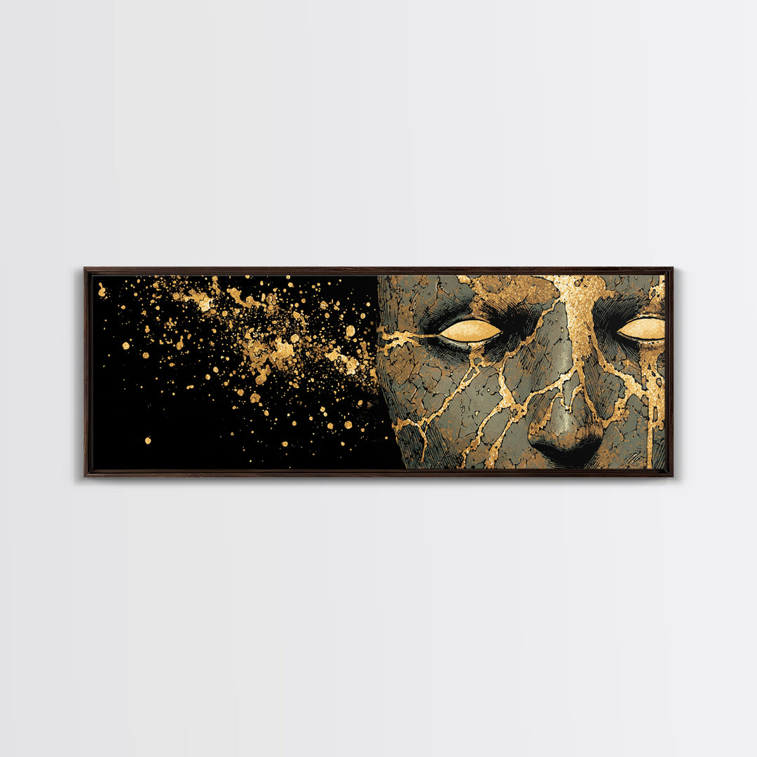 Canvas Art Canvas Gold Broken Face Nordic Mask, Norse Mythology Office or Man Cave Art, Viking Decor with natural wood frame
