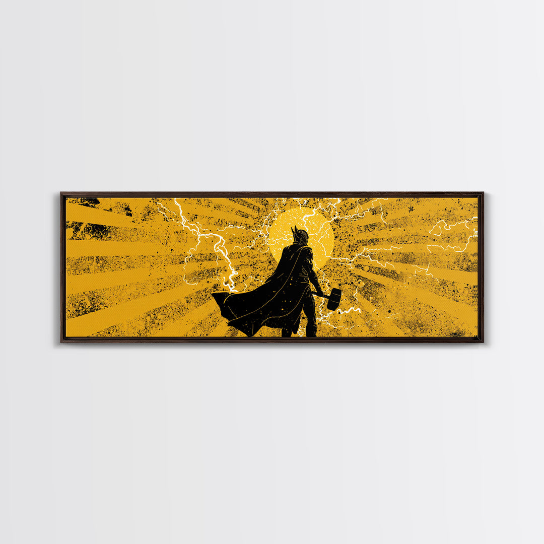 Thor Lightning Hammer Canvas Gold Art, Viking Canvas Art Wall Decor, Norse Mythology Office or Dad Gift in wood frame