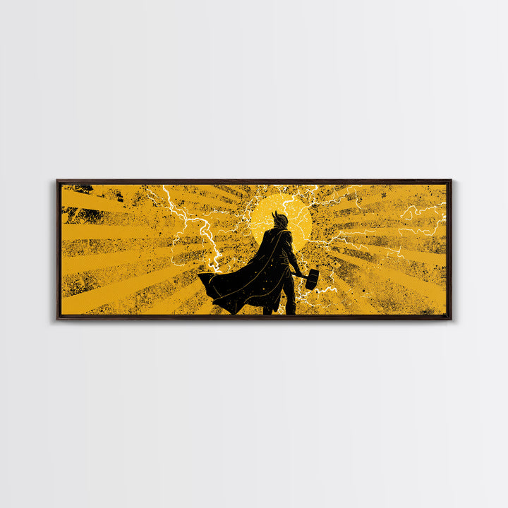 Thor Lightning Hammer Canvas Gold Art, Viking Canvas Art Wall Decor, Norse Mythology Office or Dad Gift in wood frame