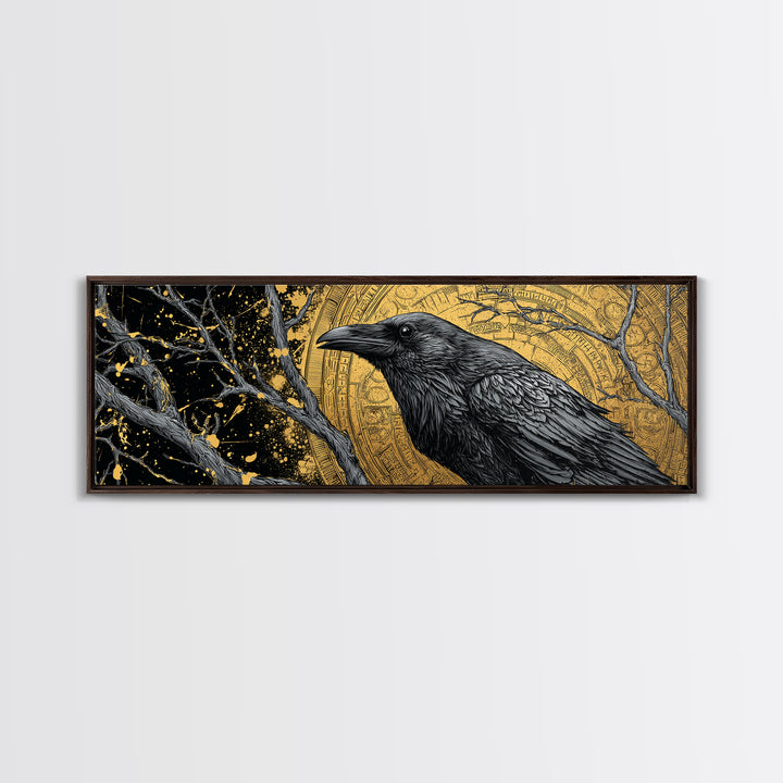 Canvas Art of Odin’s Raven Huginn Canvas Gold Art, Norse Mythology Decor with natural wood frame, Nordic Office or Dad Gift