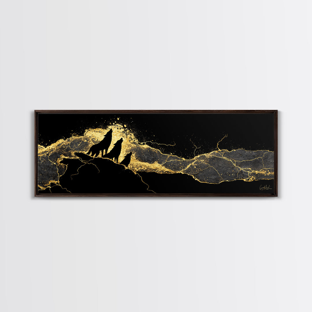 Howling Wolves Norse Canvas Gold Art Canvas Art, Nordic Mythology Office Art for Dad Gift or Man Cave, natural wood framed