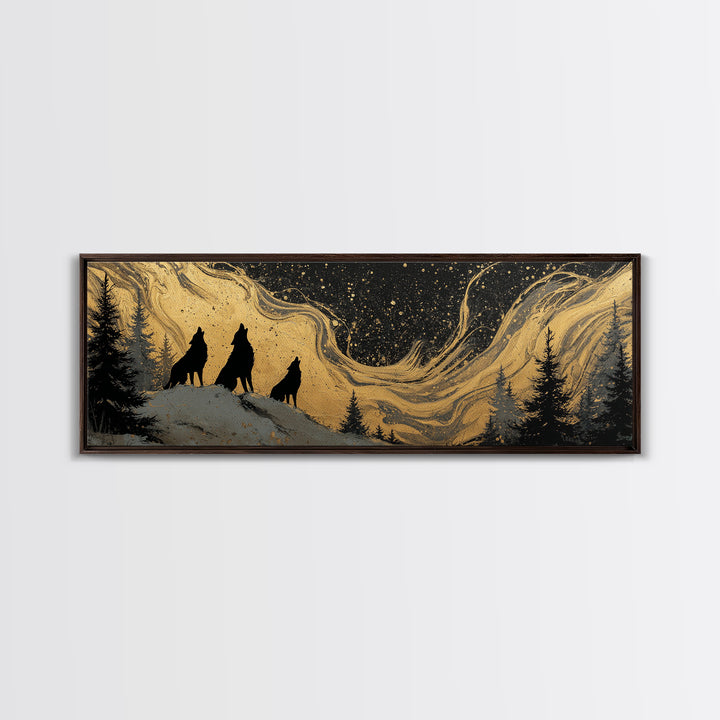 Nordic Wolves Under Stars Canvas Gold Art Canvas Art, Viking Mythology Night Sky Office Decor, framed in solid wood